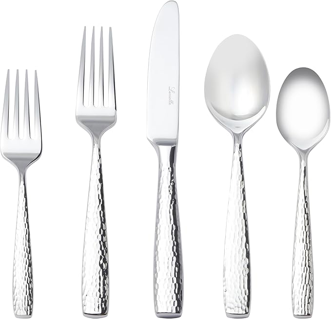 Luciella Ponza Flatware Set for 8, 45-Piece Stainless Steel Silverware Set with Serving Utensils, Timeless Hammered Design, Rust-Resistant, Mirror Polished & Dishwasher Safe