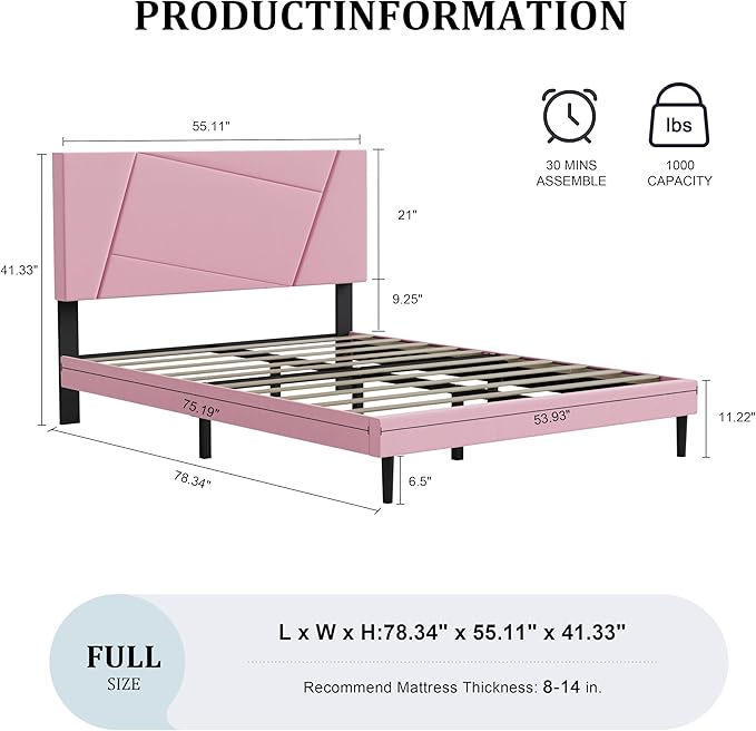 Full Size Bed Frame, Full Platform Bed Frame with Velvet Upholstered Headboard, Geometric, Sturdy Frame and Wooden Slats, Noiseless, No Box Spring Required, Easy to Assemble，Pink