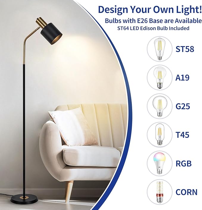 O'NEELDY Modern Industrial Floor Lamp 65" Black Standing Lamp, Black and Gold with 360° Adjustable Lampshade, 12W E26 Bulb Included, Floor Lamp for Living Room, Bedroom, Office