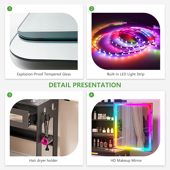 HNEBC Vanity Desk with Sliding Mirror and LED Lights, RGB Vanitys with Charging Station, Makeup Vanitys with Remote Control, White Dresser with Stool/Lager Drawers for Bedroom (Black)