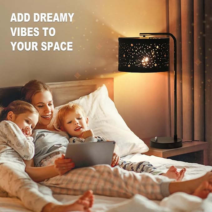 Bedside Table Lamp with USB C+A Ports, Fully Dimmable Modern Nightstand Side Lamps with Stars Shade, Tall Desk Reading Lamps for Living Room Bedroom 3000k LED Bulb Included
