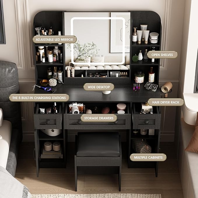 Vabches Black Vanity Desk, Vanity Mirror with Lights, Makeup Desk with Stool, Makeup Table with Large Storage Drawers and Shelves, Time and Temperature Display, 3 Led Lighting Modes Adjustable