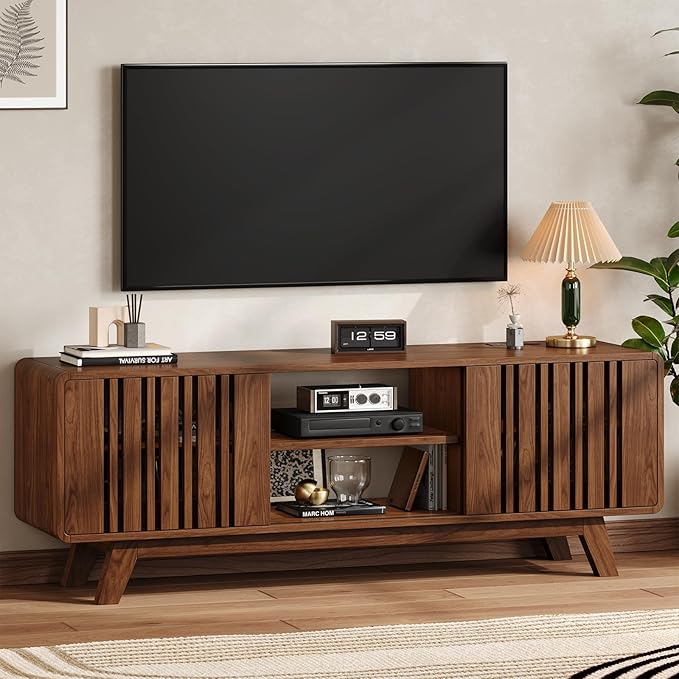 63-Inch TV Stand for TVs up to 75 Inch, Mid-Century Modern Television Stand with Power Outlet， Entertainment Center with Sliding Grille Door Cabinets and Open Shelves for Living Room, Walnut