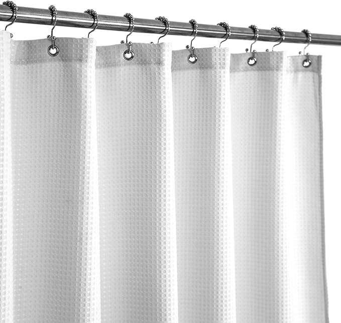 Extra Long Shower Curtain with 84 inch Height, Fabric, Waffle Weave, Hotel Luxury Spa, Water Repellent, Machine Washable, 230 GSM Heavy Duty, White Pique Pattern Decorative Bathroom Curtain