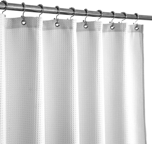 Extra Long Shower Curtain with 86 inch Height, Fabric, Waffle Weave, Hotel Luxury Spa, Water Repellent, Machine Washable, 230 GSM Heavyweight, White Pique Pattern Decorative Bathroom Curtain
