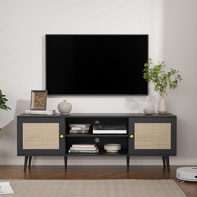 Rattan TV Stand for 55/65/70 inch TV, Boho 59" Entertainment Center with Storage, Modern Mid Century Media Console with Rattan Doors and Adjustable Shelf, Wood TV Stand for Living Room, Black