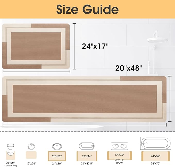 Ultra Thin Bath Mats Fit Under Door 2 piece, Upgrade Backing Non Slip Bath Mat, Quick Dry absorbent Bath Mat, Machine Washable Bathroom Rug for Bathroom Floor, Bathtub, Kitchen, Taupe, 24"x17"+48"x20"