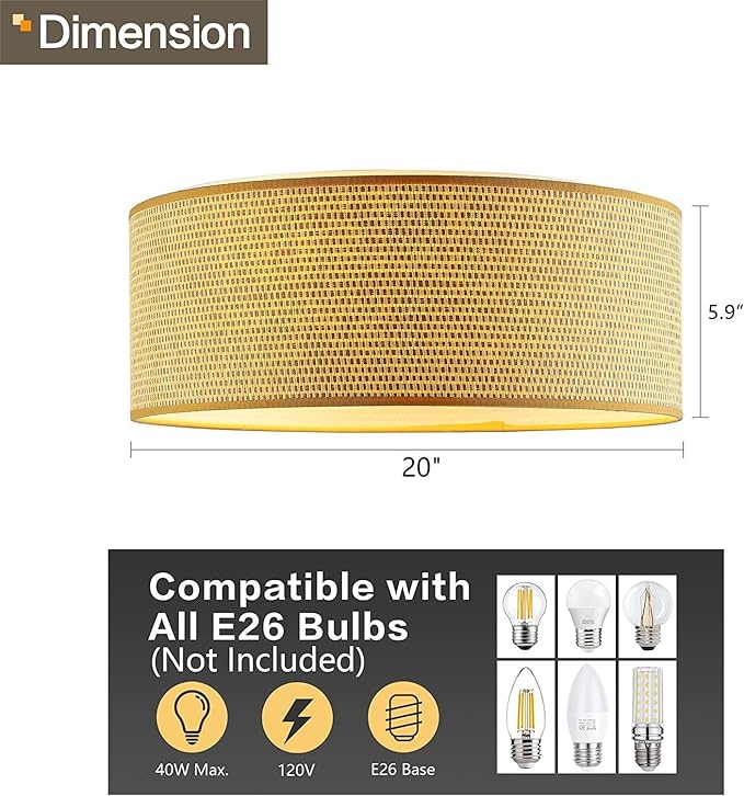 WINGBO 20" Modern 5-Light Flush Mount Ceiling Light Fixture with Fabric & Acrylic Double Drum Shade for Bedroom Living Room Dining Room Hallway Entryway, Flaxen