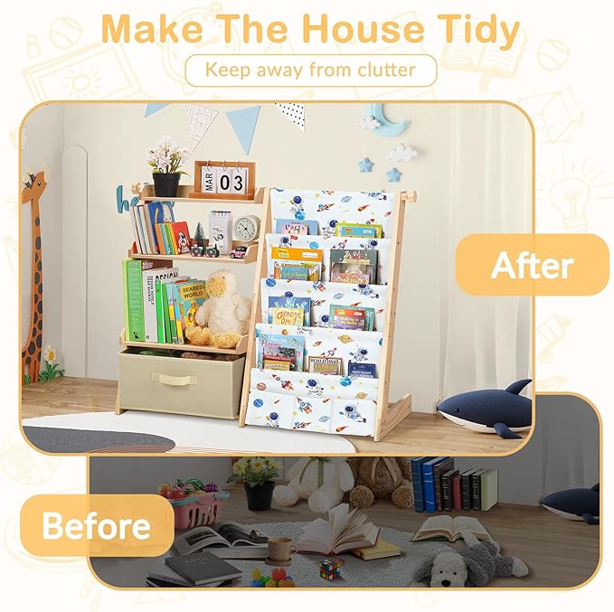 Kids Bookshelf and Toy Storage Organizer Wooden 2 in 1 Toddler Bookcase-4 Tier Book Shelf with Toy Box for Kids Room,Nursery,Playroom