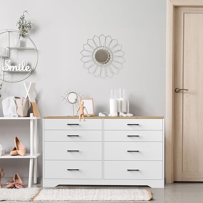 VINGLI 8 Drawer Dresser 56" Long Dresser White, Wood Dresser for Bedroom, Wood Dresser Chest of Drawers, Storage Dresser Cabinet, Modern Dresser, Large Dresser, Nursery Dresser, Brown Top