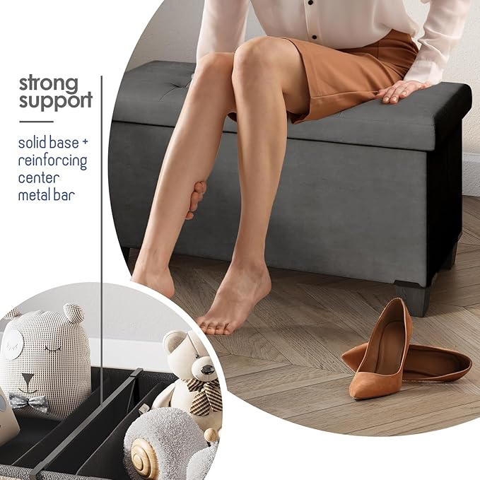 STORAGEBUD Storage Ottoman Bench with Bins, 30-in Storage Bench for Bedroom End of Bed, Folding Foot Rest Ottoman for Living Room Max 660lbs, Velvet Ottomans, Grey