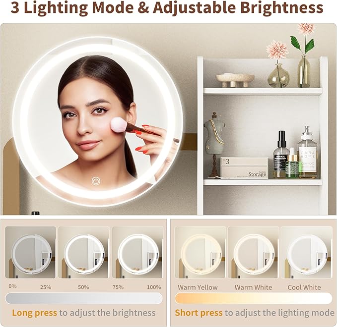 Small Vanity Desk with Mirror and Lights, Makeup Vanity Table with LED Mirror, 3 Lighting Modes, Power Outlet, Drawer, Open Shelves and Cushioned Stool for Bedroom (Gold)