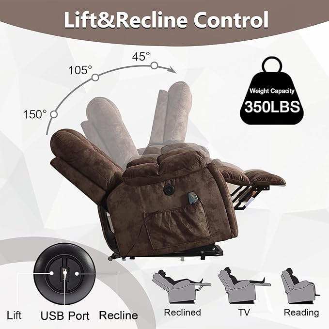 CANMOV Power Lift Recliner Chair with Massage and Heat for Elderly, Overstuffed Wide Recliners, Heavy Duty and Safety Motion Reclining Mechanism with USB Ports, 2 Concealed Cup Holders, Chocolate