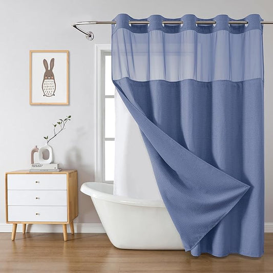 MoonLightBlue Extra Long No Hook Waffle Weave Shower Curtain with snap-in Liner Replacement, 230GSM Waterproof Fabric Hotel Shower Curtain Set for Bathroom, Through Mesh Top Window,71Wx86H