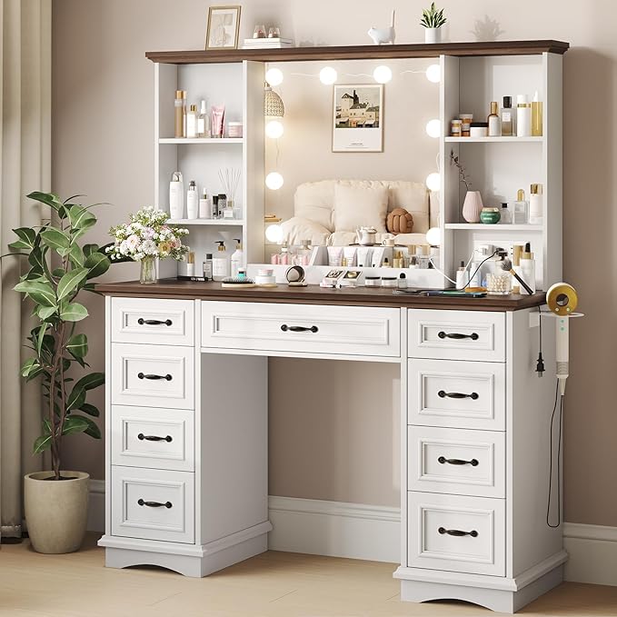 Maupvit Vanity Desk with Mirror and Lights，Large Makeup Table with Storage，White Vanity with Drawers and Shelves，Bedroom Dressing Table