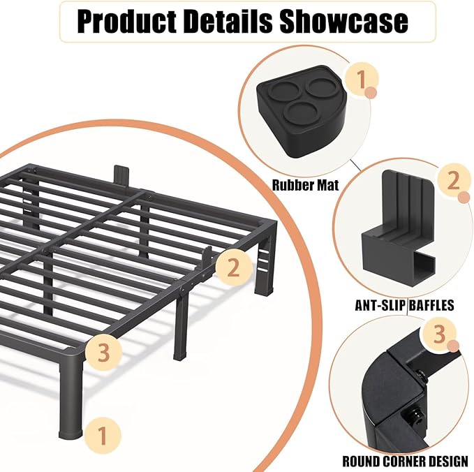 18 Inch King Bed Frame with Rounded Corner and Headboard Hole Mattress Retainers 3500 lbs Heavy Duty Support Metal Platform Bed Frame Noise Free No Box Spring Needed Easy Assembly