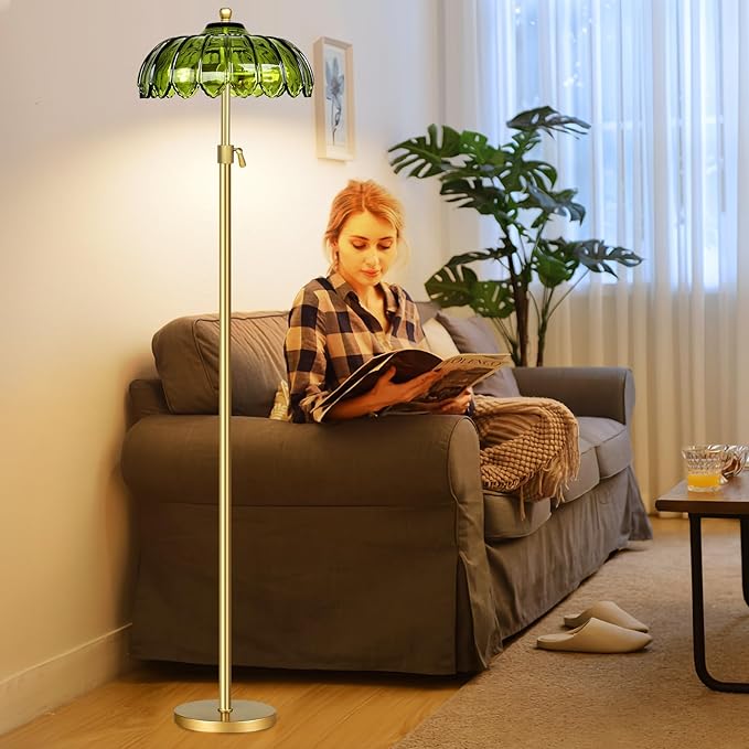 Gold Floor Lamps for Living Room Vintage Floor Lamp with Remote Control & Glass Lampshape,Mid Century Modern Standing Lamp with 3 Color Temperature Brass Flower Tall Floor Lamp for Bedroom Corner