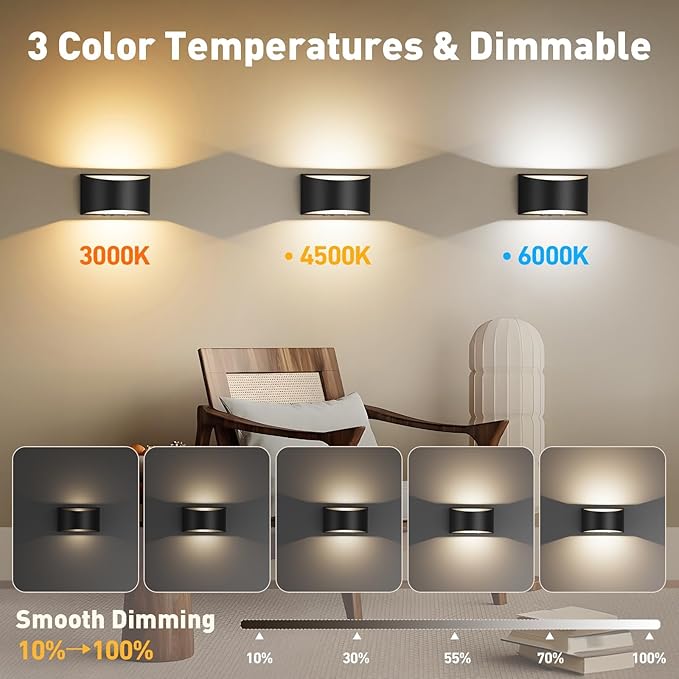 VOLISUN No Hardwired Wall Sconce, Modern Wall Sconce Battery Operated with Remote, 3000K-6500K Dimmable LED Wall Lamp, Wireless Wall Light for Bedroom, Living Room, Hallway, Corridor(1 Pack)