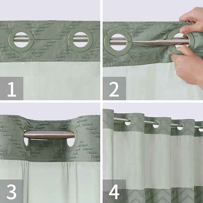 Long No Hook Tufted Chevron Striped Shower Curtain with Snap-in Fabric Liner set-71Wx80H(78H),Sage Green Hotel Grade Boho Style Shower Curtain with See Through Top Window,Water Repellent