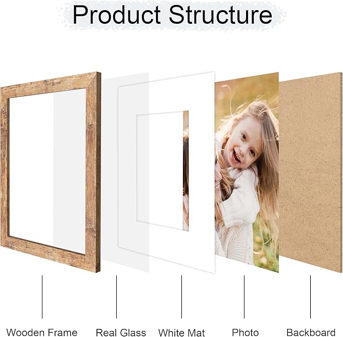 8x10 Picture Frame Set of 4, 8 x 10 Wood Photo Frames with Mat for 5x7, Natural Wooden Frame with Real Glass Cover for Wall and Tabletop Display,Brown