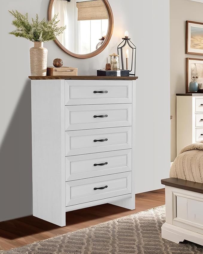 Pipishell White 5 Drawers Dresser Chests for Bedroom, 42.7 Inch Tall Wooden Dresser, Farmhouse Storgae Organizer with Large Drawers & Bar Handles for Bedroom, Entryway, Hallway, Brown & White