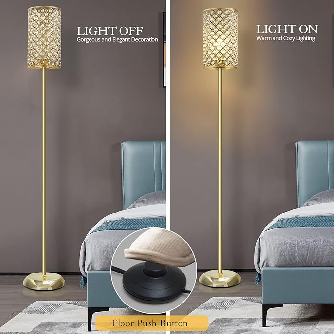 Gold Floor Lamp,Elegant Crystal Floor Lamp Modern Standing Lamp with On/Off Foot Switch,Tall Pole Accent Lighting for Living Room, Girl Bedroom, Dresser, Office