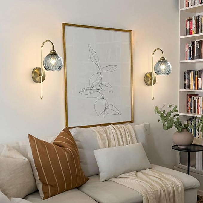 KCO Lighting Gold Wall Light Smoke Glass Globe Sconce Antique Brass Long Arm Sconce Minimalist Vintage Fireplace Wall Sconces Mid Century Modern Bedside