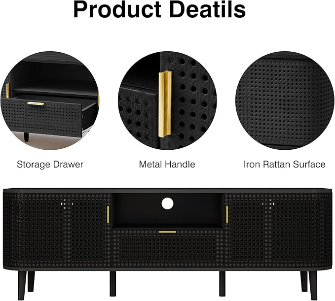 ORRD TV Stand for TVs Up to 65 Inch, Boho Wood Television Stands Media Entertainment Center Console Table with Curved Iron Rattan Doors and Drawer for Living Room - Black