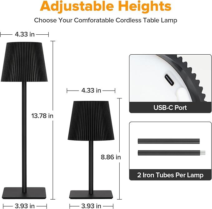 LUTEC 2 Pack Cordless Table Lamp,6000mAh Rechargeable Battery Operated Desk Lamp,Two Adjustable Heights,Waterproof, Touch Control & 3 Color Stepless Dimming for Restaurant/Bedroom/Bars/Outdoor (Black)