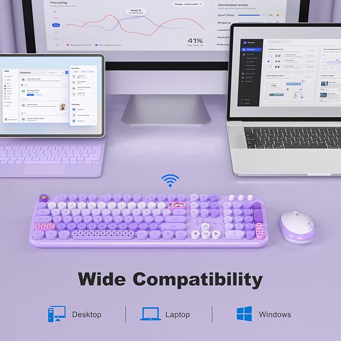 Wireless Keyboard and Mouse Combo, MOWUX Full Size Typewriter Retro Round Computer Keyboard, Cute Optical Mouse Wireless, Plug and Play, for Laptop, PC, Computer- Purple Heart