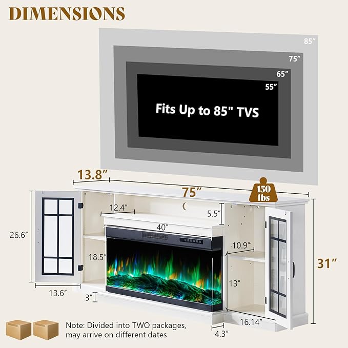 AMERLIFE 75in 3-Sided Glass Fireplace TV Stand with LED Lights for TVs up to 85", Rustic Fireplace Media Entertainment Center Console Table Cabniet with Glass Door Closed Storage, Distressed White
