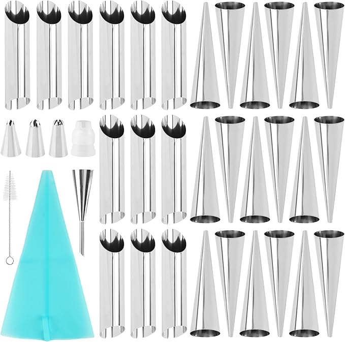35pcs Cream Horn Kits for Baking, Cannoli Forms Tubes Kit, Stainless Steel 16pcs Cone Shaped and 12pcs Tubular Shaped Baking Pan for Danish Pastry, Cream Roll, Croissant