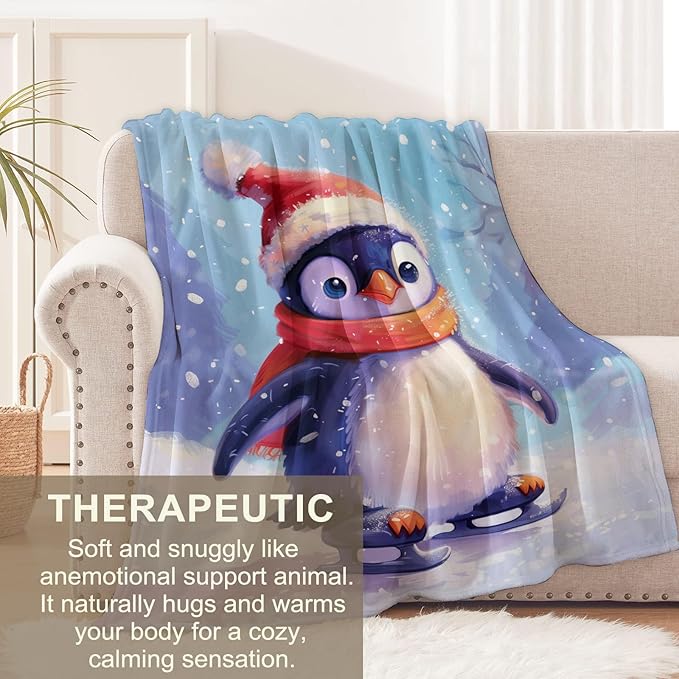 Penguin Blanket for Women, Boys, Girls - Flannel Throw for Sofa, Couch, Bed, Living Room - Soft Warm Cozy Skating Penguin Decor - 60" x 50"