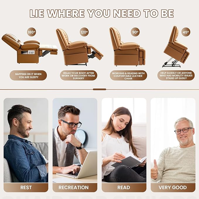 Large Dual Motor Power Lift Recliner Chair with Massage and Heat for Elderly People, Infinite Position,USB Ports and Remote Control,Breathable Leather (Light Brown)