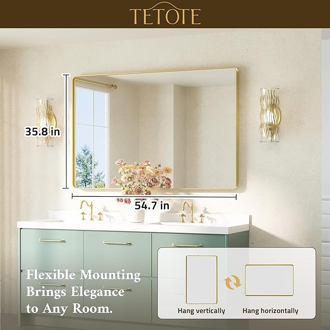 TETOTE 55 x 36 Gold Bathroom Mirror Brushed Gold Metal Framed Vanity Mirror, Tempered Glass, Wall Mounted for Bathroom, Entryway, Bedroom, Living Room(Horizontal/Vertical)