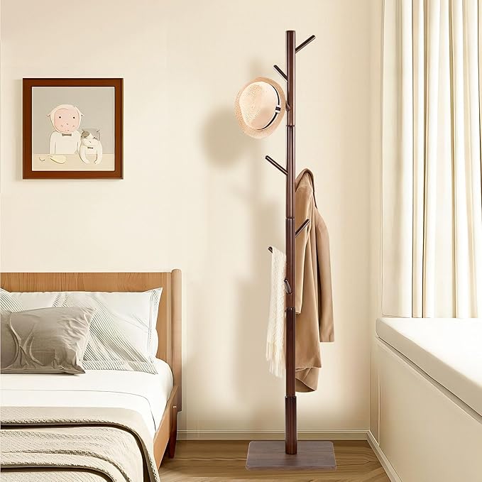 Coat Rack Freestanding with Stable Square Base, Entryway Furniture with 3 Adjustable Sizes and 8 Hooks, Used in Bedroom, Office and Hallway, Brown