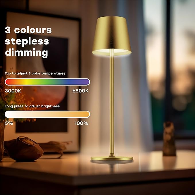 2 Pack Cordless Table Lamp,Portable LED Desk Lamp, 5200mAh Battery Operated, 3 Color Stepless Dimming Up, for Restaurant, Bedroom, Bars, Outdoor Party, Camping, Coffee Shop Night Light Gold
