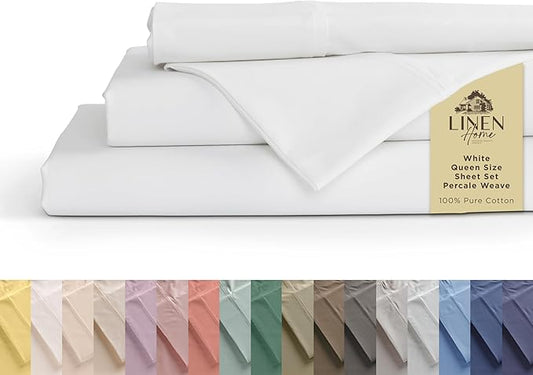 Linen Home 100% Cotton Percale Sheets Queen Size, White, Deep Pocket, 4 Pieces Set - 1 Flat, 1 Deep Pocket Fitted Sheet and 2 Pillowcases, Crisp Cool and Strong Bed Linen