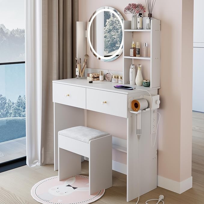 31.5" Small Vanity Desk with Round Mirror and Lights, Makeup Table with 2 AC+2 USB Power Station, Hair Dryer Bracket, Vanity Set with Drawers and Stool for Small Space Bedroom, White