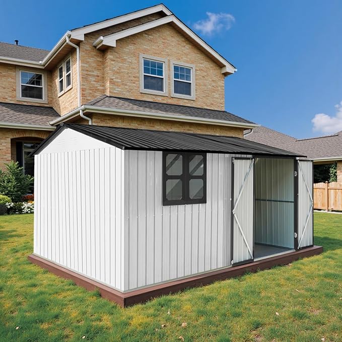 12 x 10 FT Outdoor Storage Shed, Metal Garden Tool Shed with Slooping Roof, Lockable Doors, All-Weather Bike Shed Easy to Assemble for Backyard, Patio, Lawn, White+Black