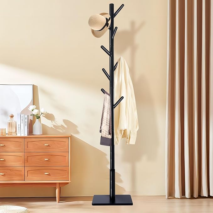 Coat Rack Freestanding with Stable Square Base for Cloathes, Hat, Used in Bedroom, Office and Entryway, Sturdy and Easy Assembly Coat Tree with 3 Adjustable Sizes and 8 Hooks, Black