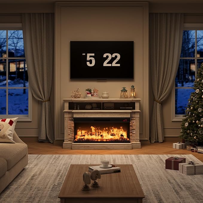 QUW Fireplace TV Stand for TVs up to 65", Farmhouse 52"Fireplace Entertainment Center with 36" 3-Side Glass Electric Fireplace, TV Console with Open Storage Shelves for Living Room, Antique Brush Grey