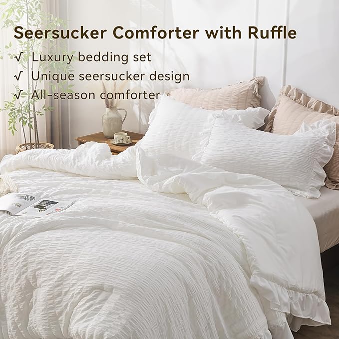 JOLLYVOGUE White King Comforter Set, 3 Pieces Seersucker Comforters King Size, Lightweight & Fluffy Bedding Sets King for All Season with 1 Ruffle Comforter and 2 Ruffle Pillowshams