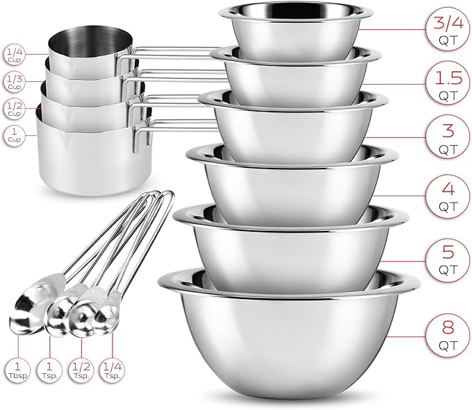 EATEX Stainless Steel Mixing Bowls with Measuring Cups & Spoons Set of 14 - Dishwasher Safe Nesting Mixing Bowl Set for Cooking, Baking & Meal Prep Non-Slip Premium Bowls