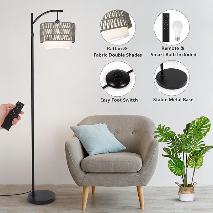 Floor Lamps for Living Room, Arc Standing Lamp with Remote & Dimmable Bulb, Boho Rattan Floor Lamp for Bedroom with 3 Color Temperatures, Farmhouse Tall Lamp, Height Adjustable Stand up Lamp