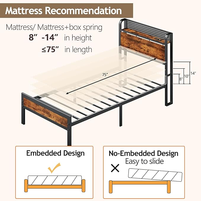 Furnulem Bed Frame Twin Size with LED Lights & Charging Station,Bedframe with Wood Storage Headboard,Metal Platform Bed with Under Storage,USB Port,Strong Metal Slats,No Box Spring Needed