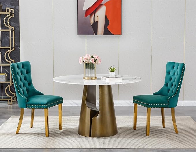 3-Piece Faux Marble Round Dining Table Set for 2, Modern Luxury Kitchen Table Set for 2 with Green Tufted Chairs,Circle Dining Tables with White Marble Grain Top and Bronze Pedestal Base