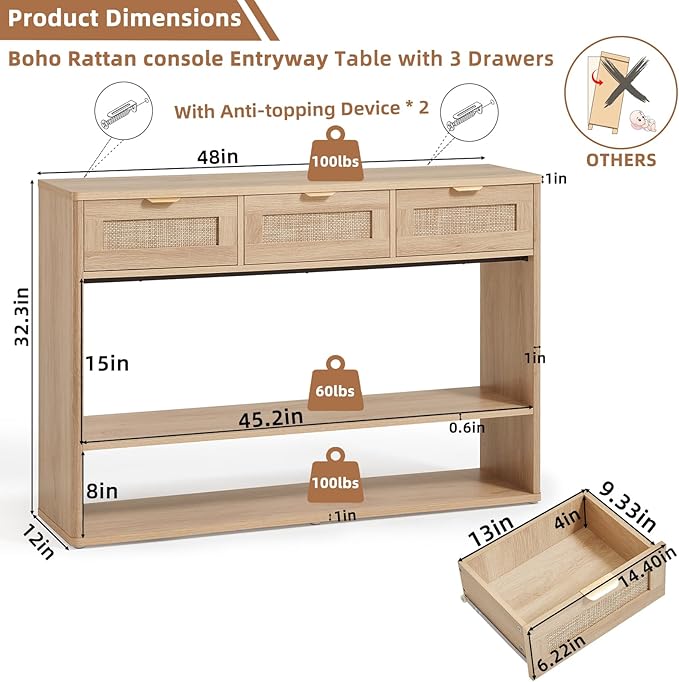 LEYAOYAO 48" Boho Rattan Console Table with 3 Drawers Set of 2,Wooden Entryway Table with Open Storage Shelf, 3 Tier Narrow Long Behind Couch Sofa Tables for Living Room, Hallway, Foyer, Natural Wood
