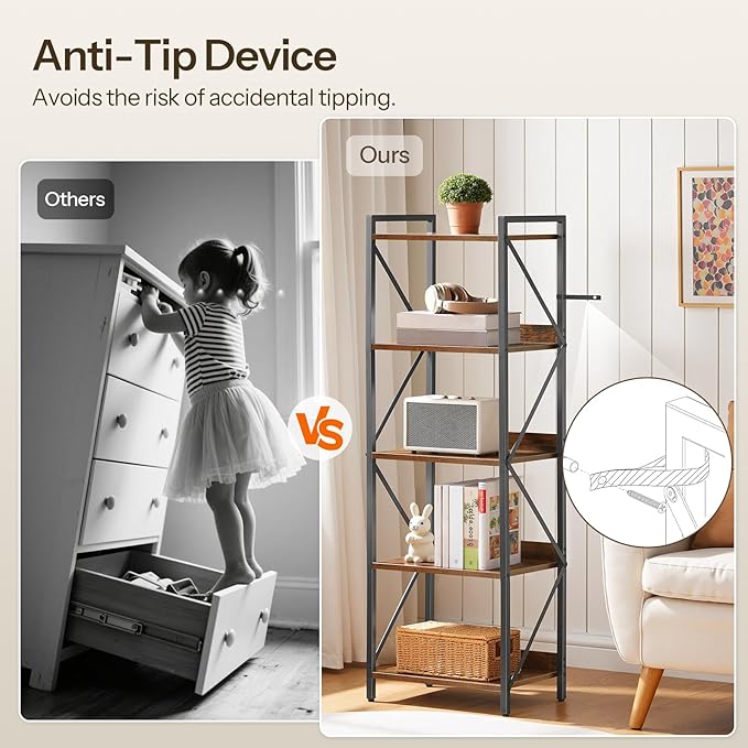 HOOBRO Bookshelf, 5-Tier Industrial Bookcase, Book Shelf Storage Organizer, Tall Bookshelf with Metal Frame for Living Room, Bedroom, Home Office, Kitchen, Rustic Brown and Black BF73SJ01