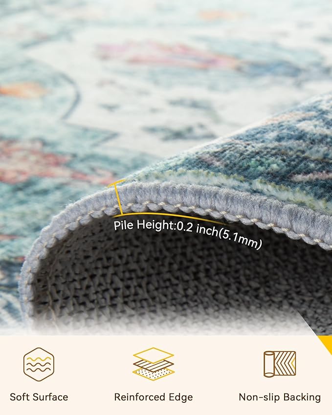 Area Rugs 2'x10' Washable Non-Slip, Floral Vintage Distress Print Pattern Medallion Carpet for Living Room Bedroom Dining Room, Green Navy Blue White Red Teal Colorful